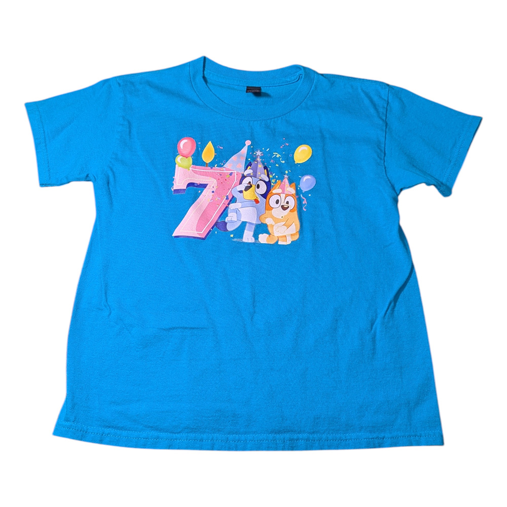 Bluey - 7th Birthday - Kids Shirt-Size Small-Bingo and Bluey Celebrate 7 Gildan